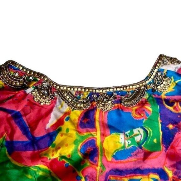 Vintage Hand Beaded Kaftan Dress With Vibrant Abstract Print 3/4 Sleeves Size M - Picture 10 of 14